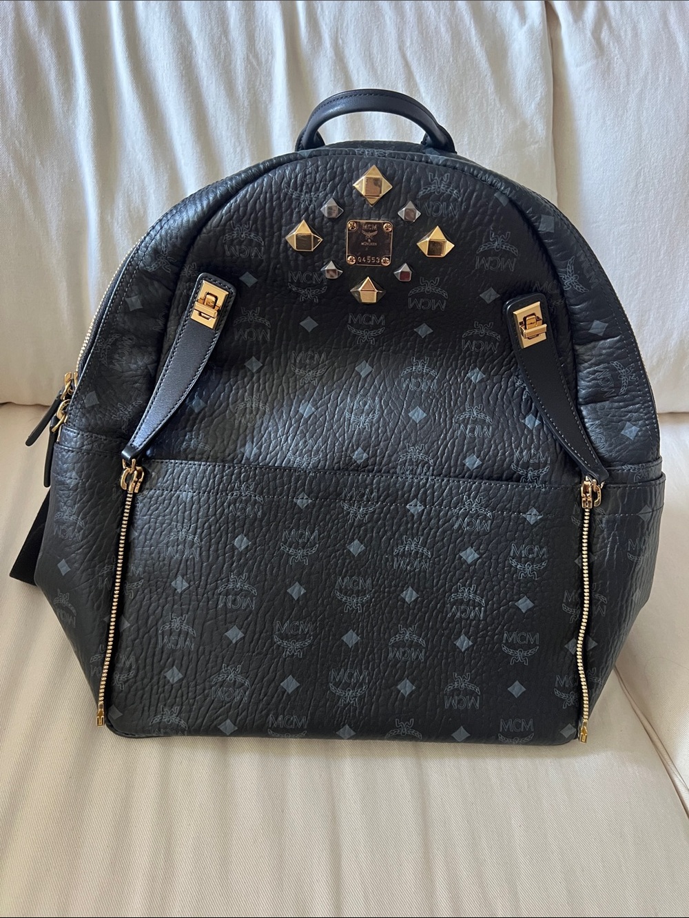 Authentic MCM Visetos Medium Stark Black and Gold Studded Backpack